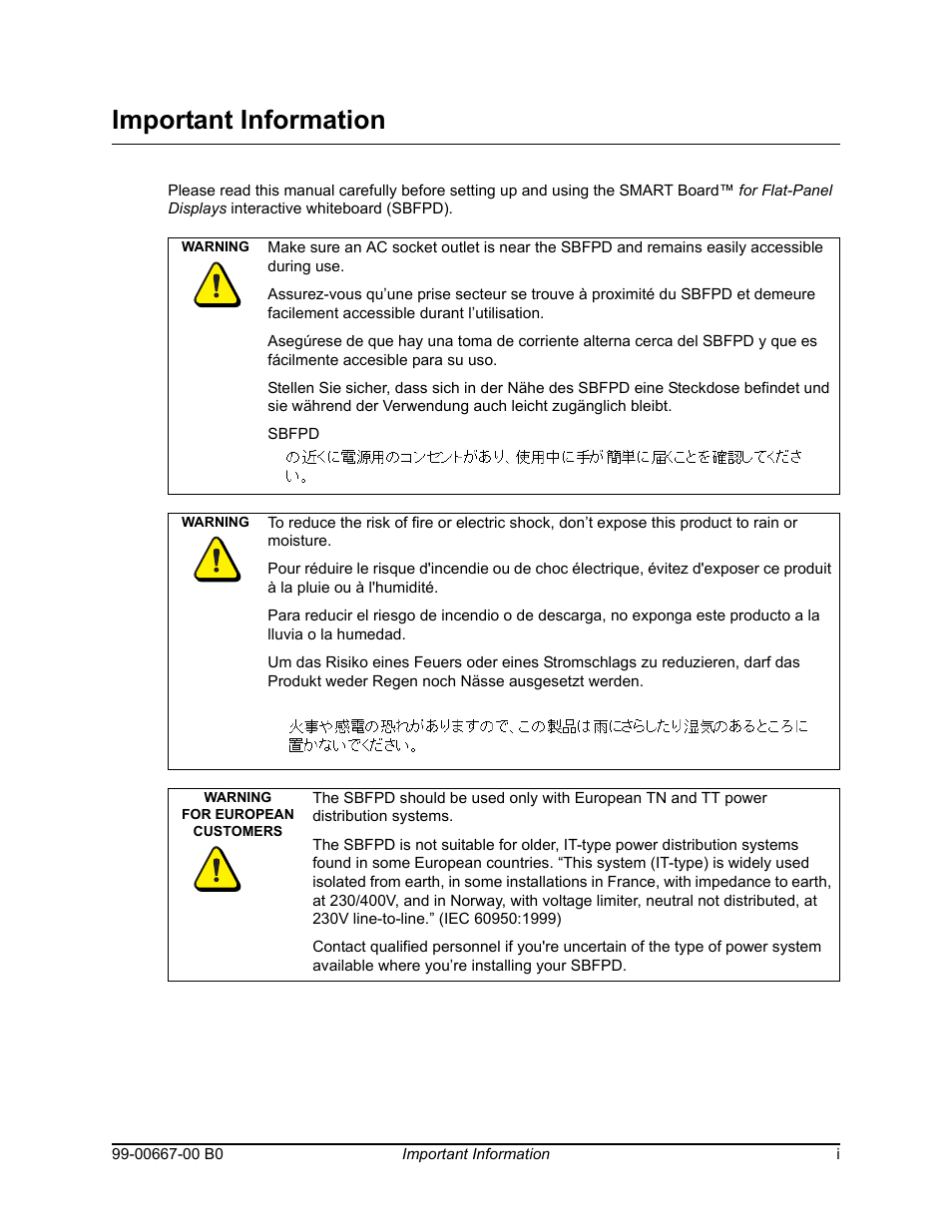 Important information | Smart Technologies Interactive Whiteboard SBFPD User Manual | Page 3 / 46