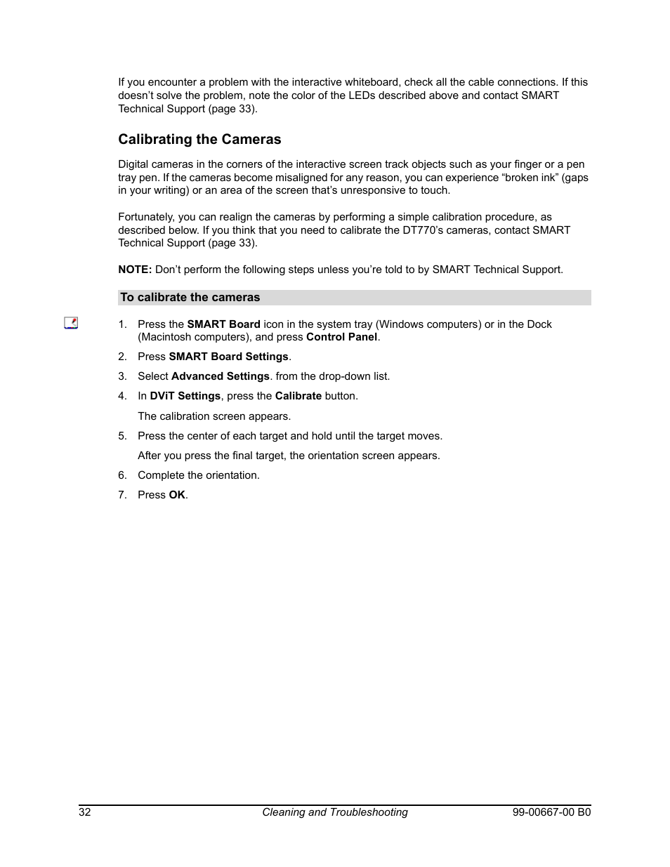 Calibrating the cameras | Smart Technologies Interactive Whiteboard SBFPD User Manual | Page 40 / 46