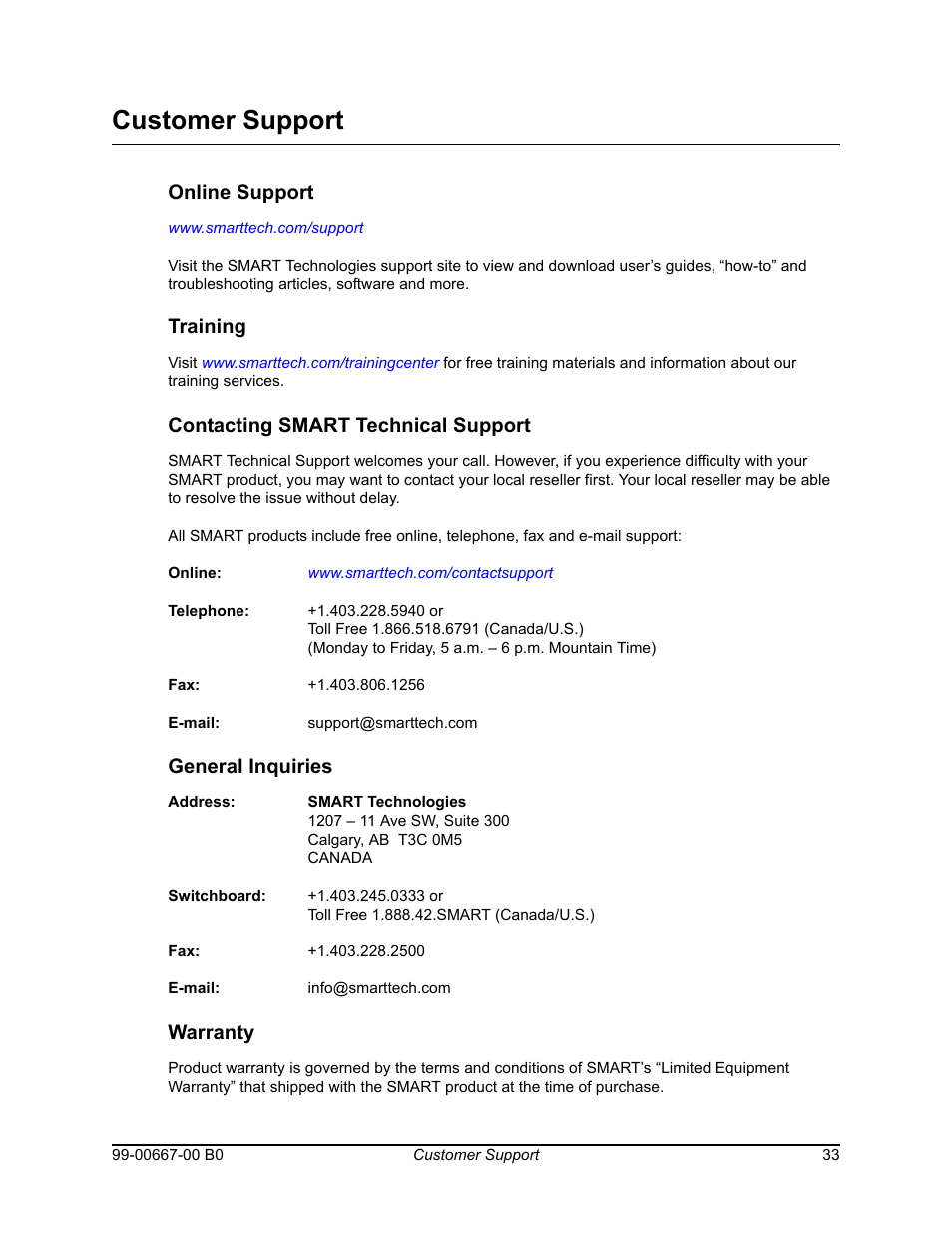 Customer support, Online support, Training | Contacting smart technical support, General inquiries, Warranty | Smart Technologies Interactive Whiteboard SBFPD User Manual | Page 41 / 46