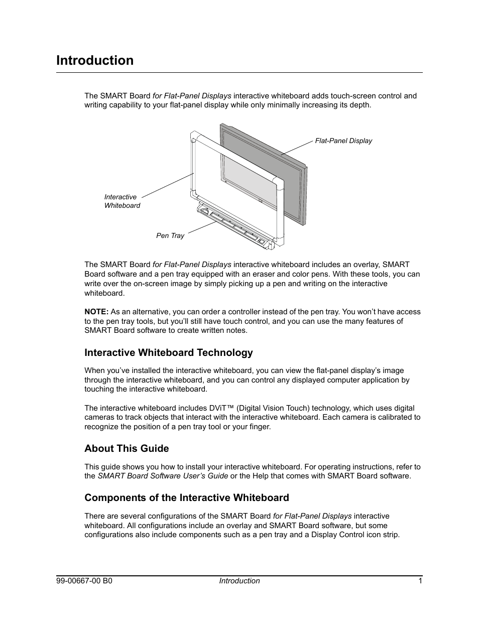 Introduction, Interactive whiteboard technology, About this guide | Components of the interactive whiteboard | Smart Technologies Interactive Whiteboard SBFPD User Manual | Page 9 / 46