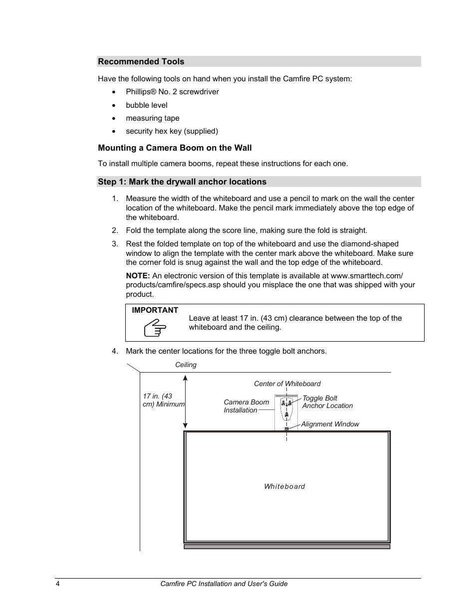 Mounting a camera boom on the wall, Ge 4), E 4) | Smart Technologies PC User Manual | Page 10 / 37