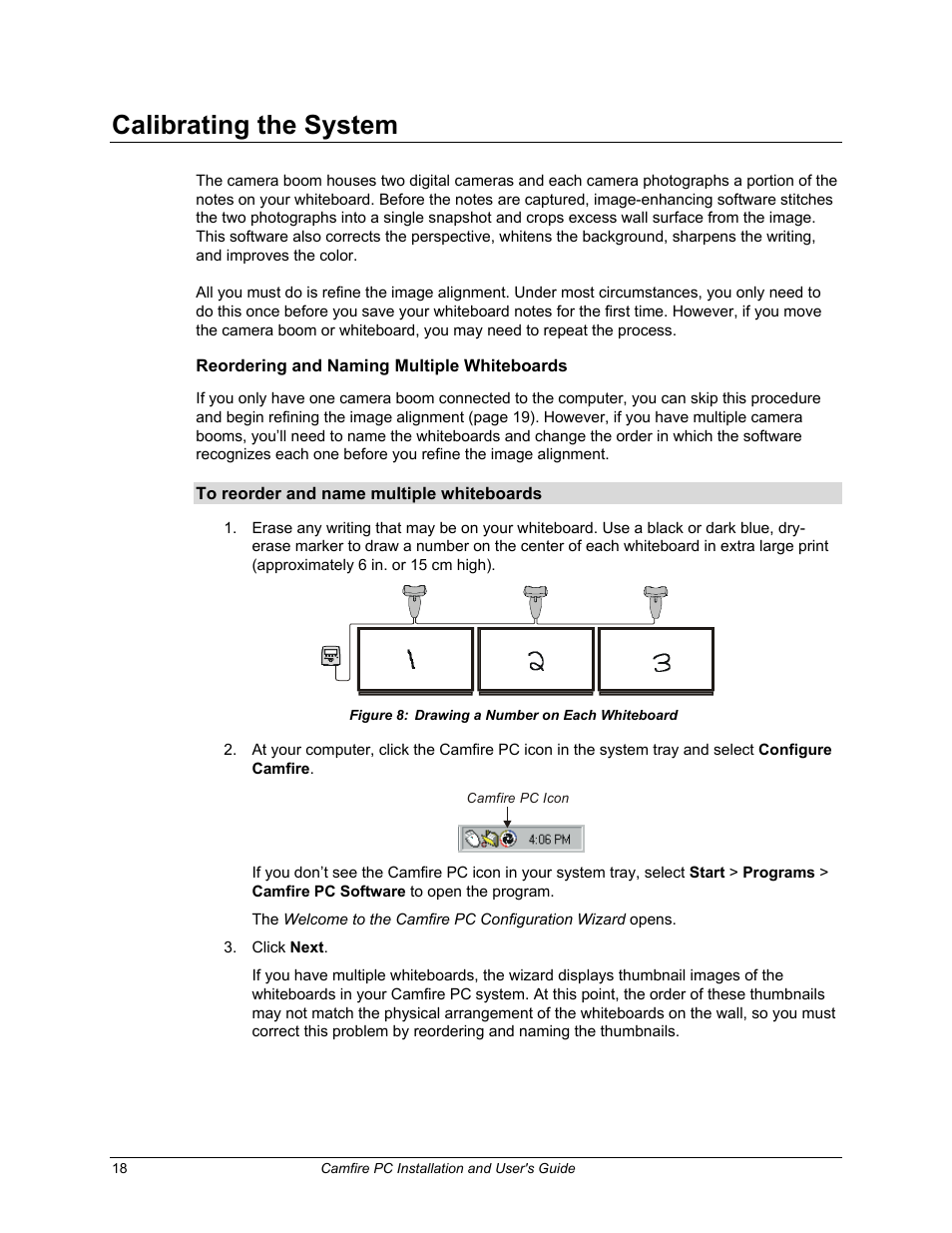 Calibrating the system, Reordering and naming multiple whiteboards, E 18) | Smart Technologies PC User Manual | Page 24 / 37