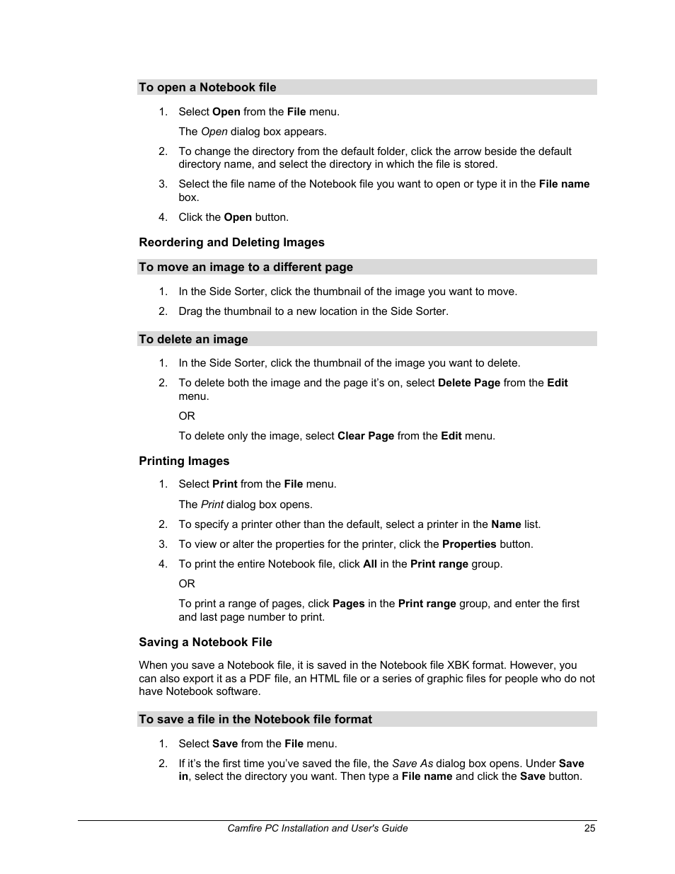 Reordering and deleting images, Printing images, Saving a notebook file | Smart Technologies PC User Manual | Page 31 / 37