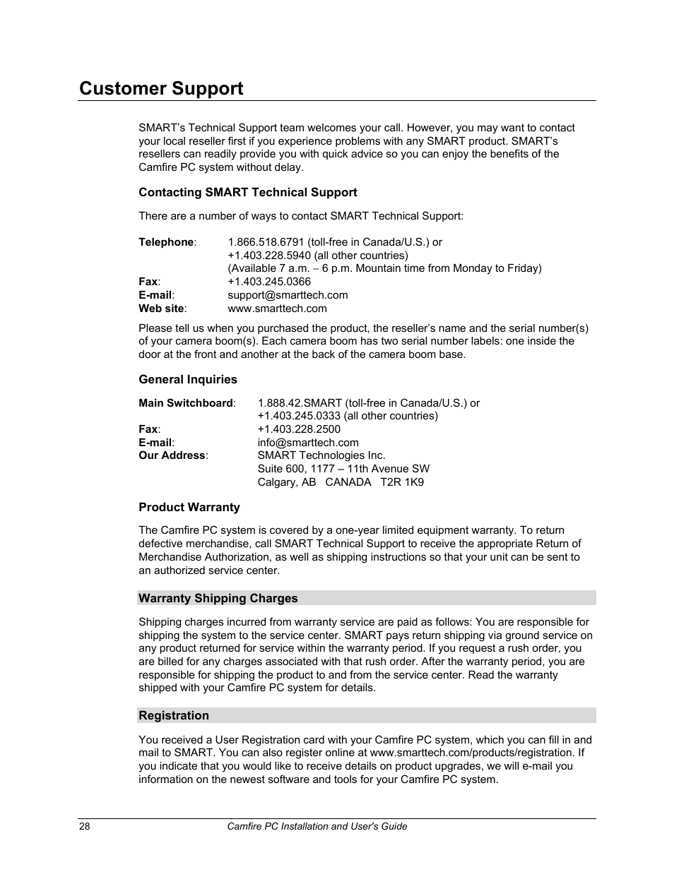 Customer support, Contacting smart technical support, General inquiries | Product warranty | Smart Technologies PC User Manual | Page 34 / 37