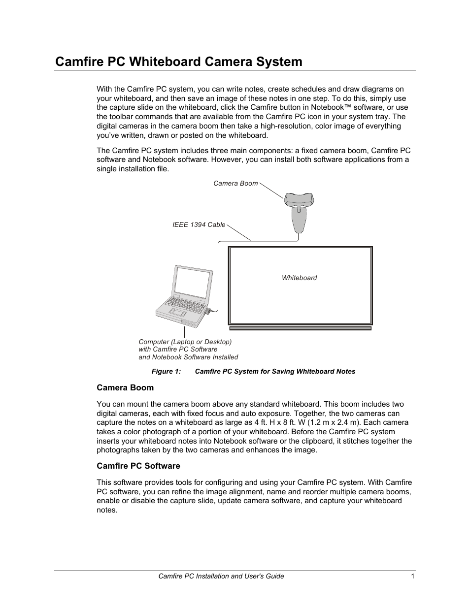 Camfire pc whiteboard camera system, Camera boom, Camfire pc software | Smart Technologies PC User Manual | Page 7 / 37