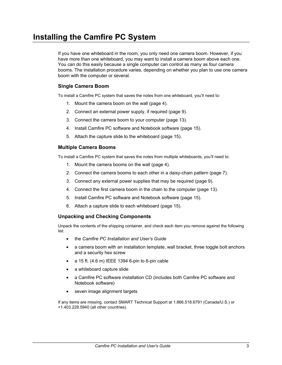 Installing the camfire pc system, Single camera boom, Multiple camera booms | Unpacking and checking components | Smart Technologies PC User Manual | Page 9 / 37