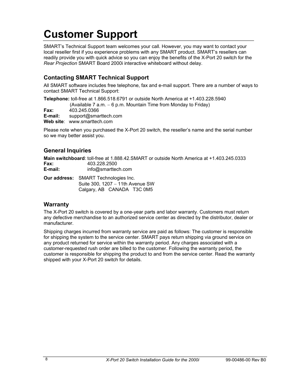 Contacting smart technical support, General inquiries, Warranty | General inquiries warranty, Customer support | Smart Technologies X-Port 20 Switch XP20-2000i User Manual | Page 12 / 12