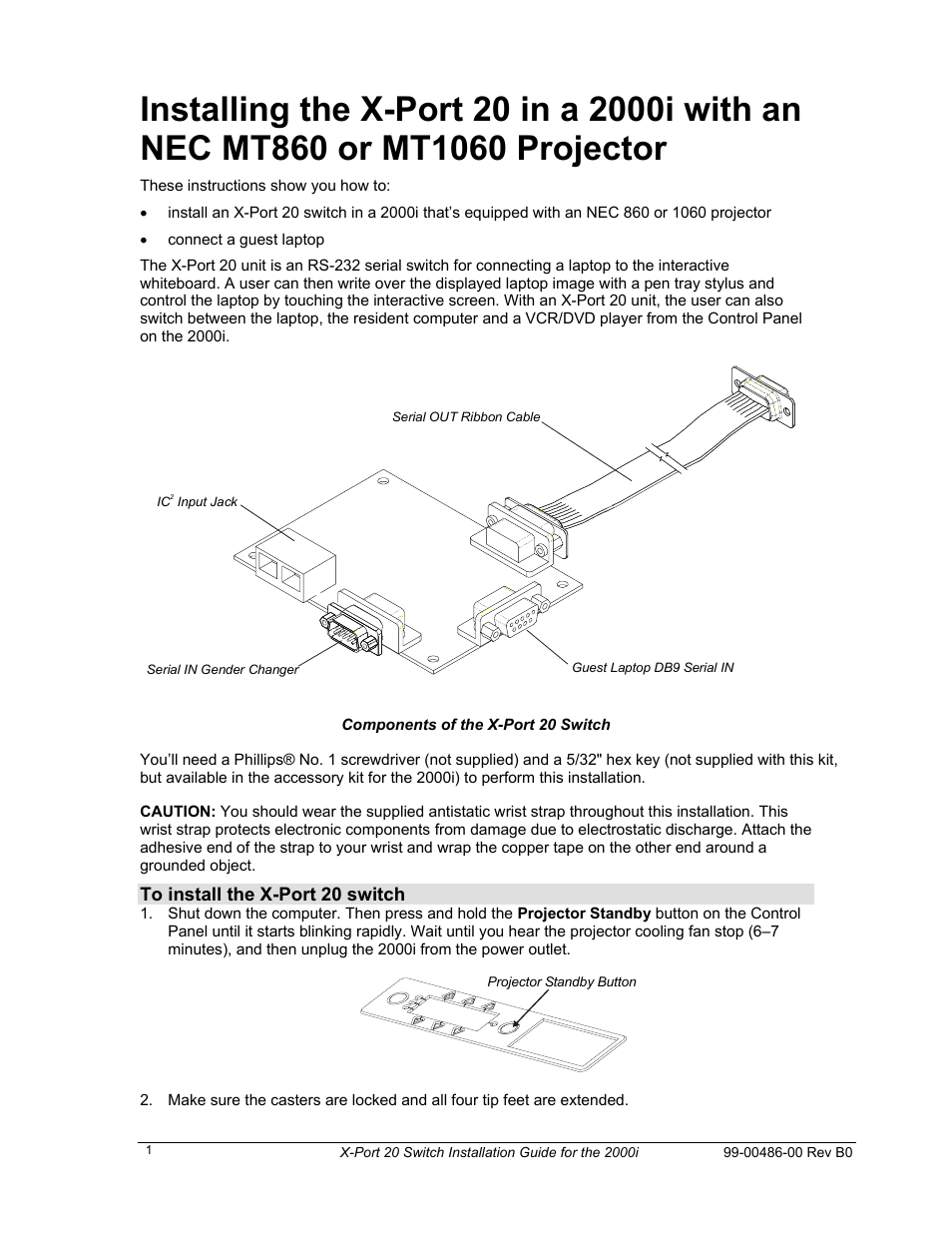 Components of the x-port 20 switch, To install the x-port 20 switch, Installing the x-port 20 switch in a 2000i-dv/dvx | Smart Technologies X-Port 20 Switch XP20-2000i User Manual | Page 5 / 12