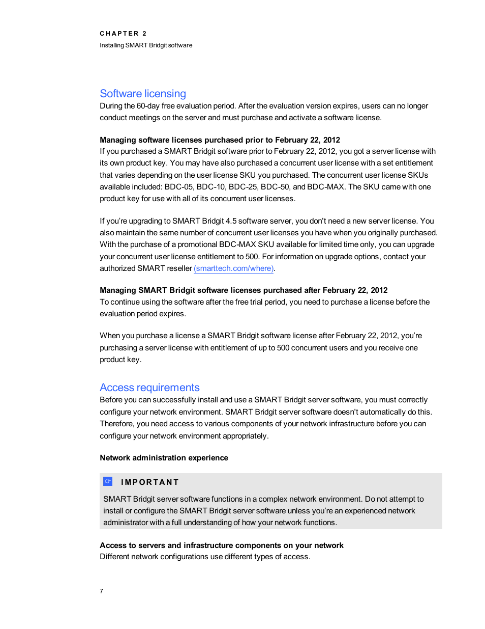 Software licensing, Access requirements, Network administration experience | Smart Technologies Smart Bridgit 4.5 User Manual | Page 11 / 82