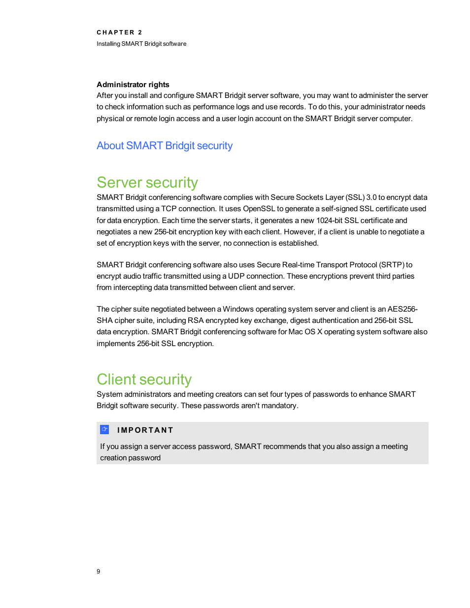 Administrator rights, About smart bridgit security, Server security | Client security | Smart Technologies Smart Bridgit 4.5 User Manual | Page 13 / 82