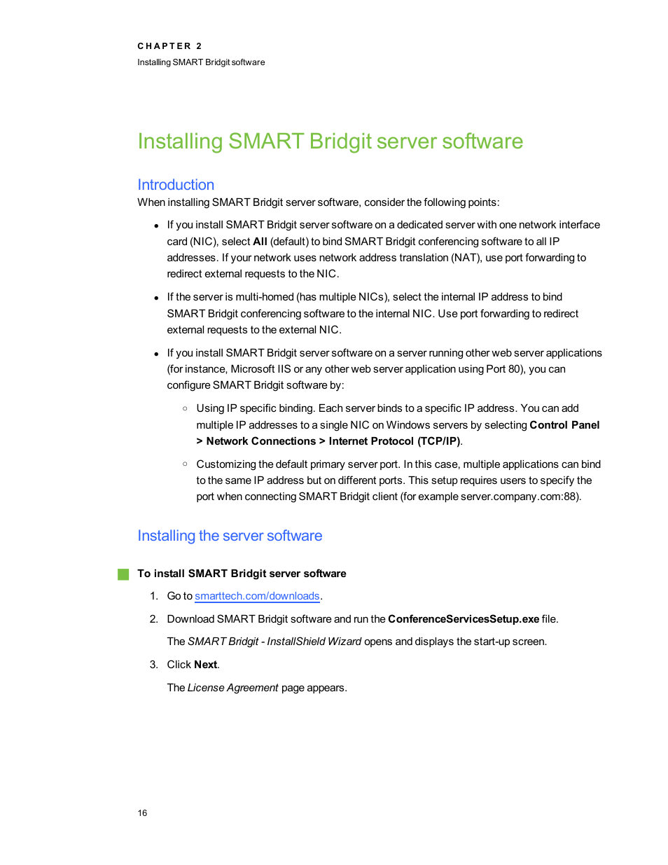 Installing smart bridgit server software, Introduction, Installing the server software | Smart Technologies Smart Bridgit 4.5 User Manual | Page 20 / 82