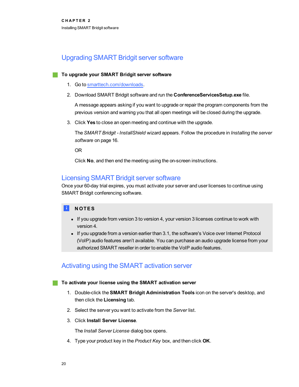 Upgrading smart bridgit server software, Licensing smart bridgit server software, Activating using the smart activation server | Smart Technologies Smart Bridgit 4.5 User Manual | Page 24 / 82