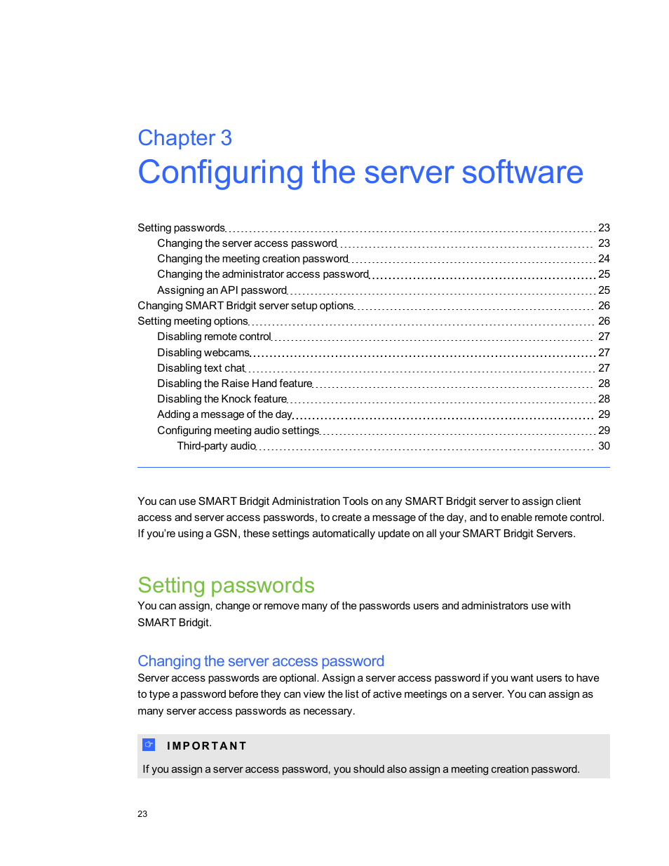 Configuring the server software, Setting passwords, Changing the server access password | Chapter 3 | Smart Technologies Smart Bridgit 4.5 User Manual | Page 27 / 82