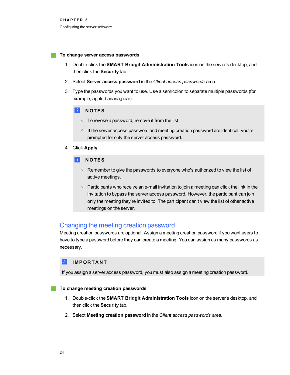 Changing the meeting creation password | Smart Technologies Smart Bridgit 4.5 User Manual | Page 28 / 82