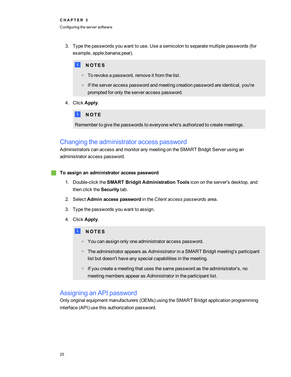 Changing the administrator access password, Assigning an api password | Smart Technologies Smart Bridgit 4.5 User Manual | Page 29 / 82