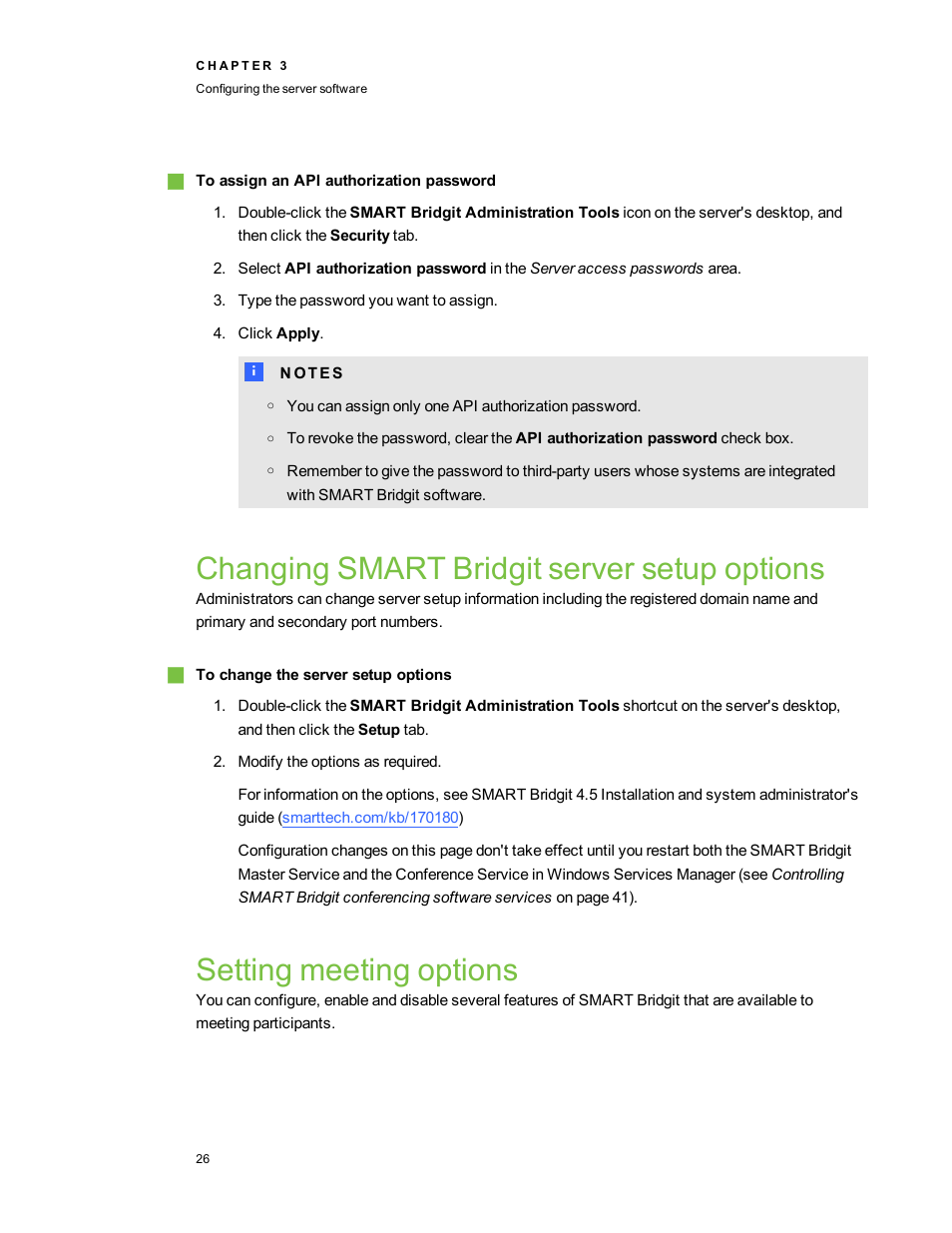 Changing smart bridgit server setup options, Setting meeting options | Smart Technologies Smart Bridgit 4.5 User Manual | Page 30 / 82