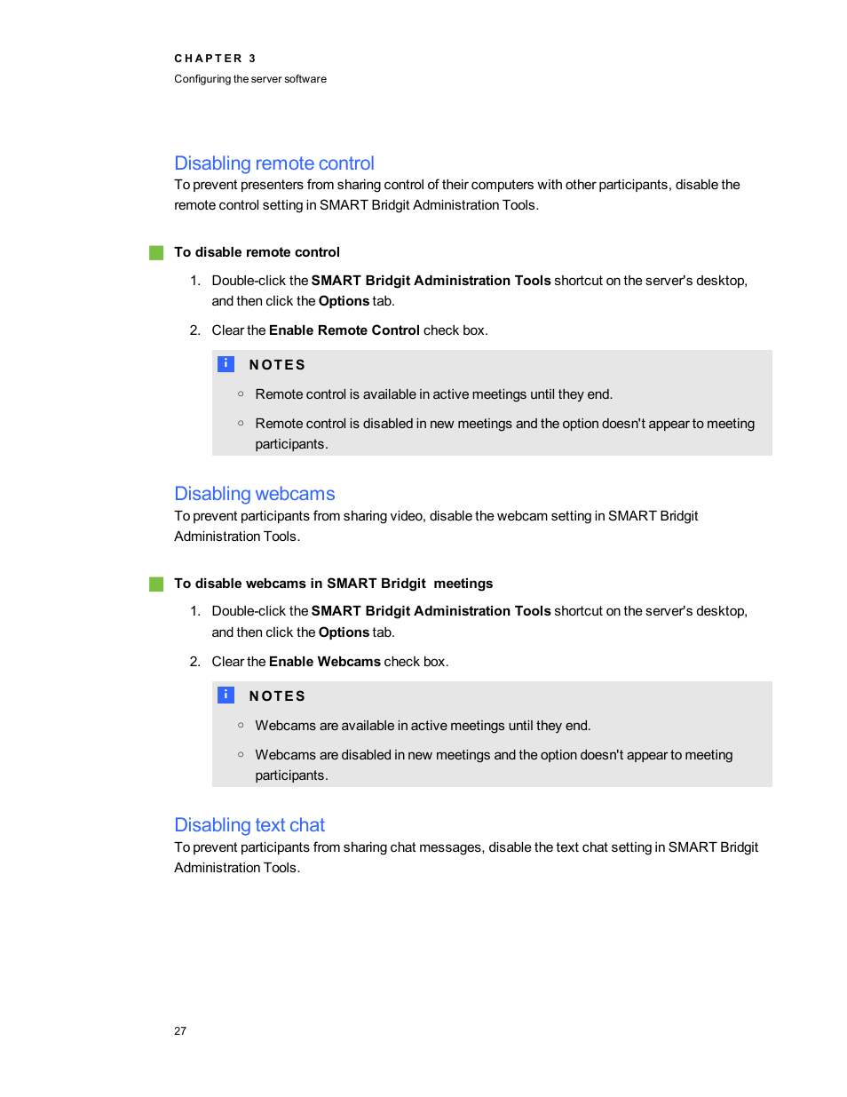 Disabling remote control, Disabling webcams, Disabling text chat | Smart Technologies Smart Bridgit 4.5 User Manual | Page 31 / 82