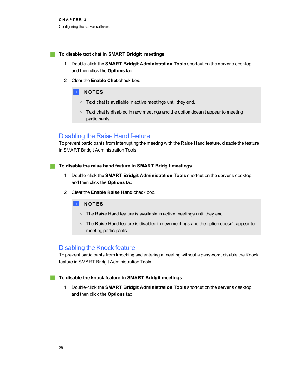 Disabling the raise hand feature, Disabling the knock feature | Smart Technologies Smart Bridgit 4.5 User Manual | Page 32 / 82