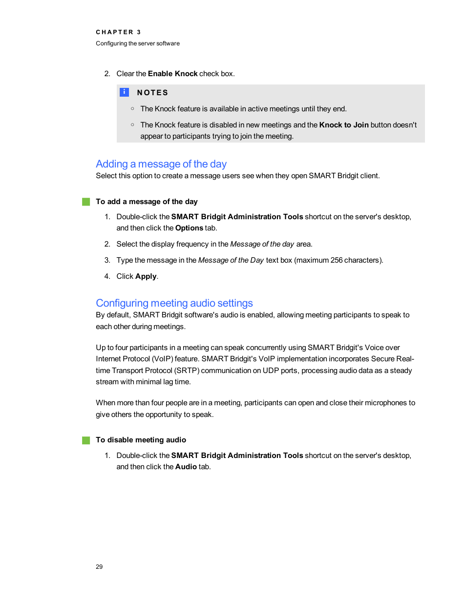 Adding a message of the day, Configuring meeting audio settings | Smart Technologies Smart Bridgit 4.5 User Manual | Page 33 / 82