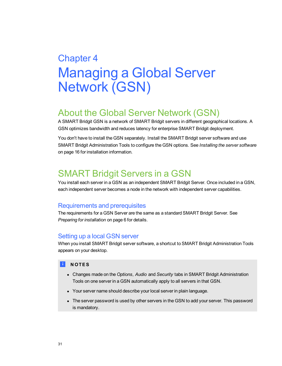 Managing a global server network (gsn), About the global server network (gsn), Smart bridgit servers in a gsn | Requirements and prerequisites, Setting up a local gsn server, Chapter 4 | Smart Technologies Smart Bridgit 4.5 User Manual | Page 35 / 82