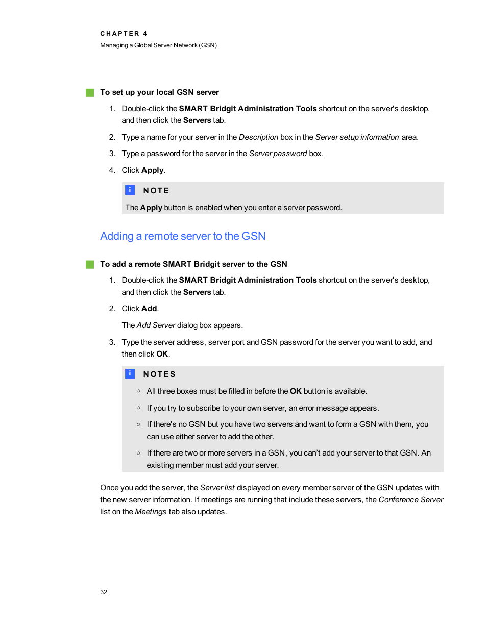 Adding a remote server to the gsn | Smart Technologies Smart Bridgit 4.5 User Manual | Page 36 / 82