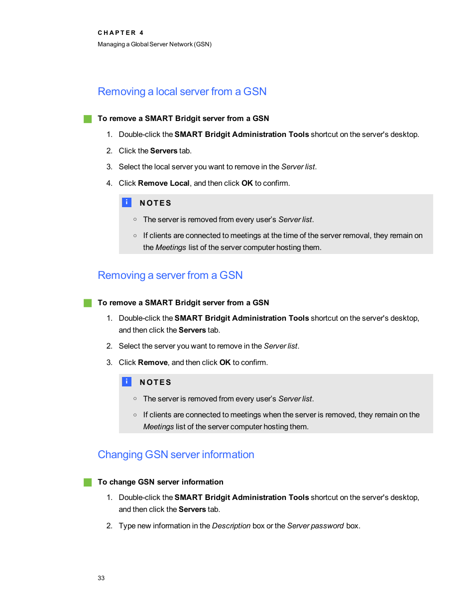 Removing a local server from a gsn, Removing a server from a gsn, Changing gsn server information | Smart Technologies Smart Bridgit 4.5 User Manual | Page 37 / 82