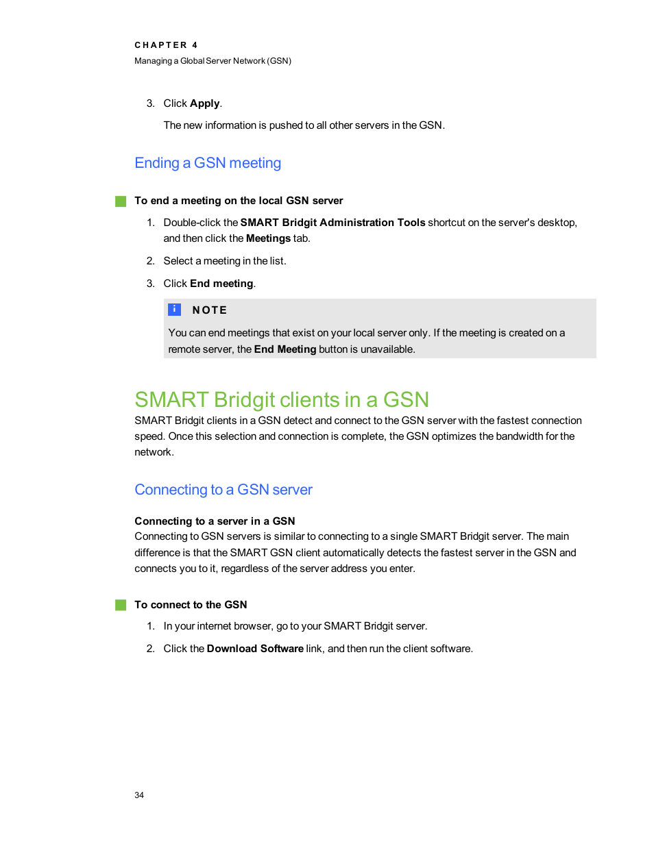 Ending a gsn meeting, Smart bridgit clients in a gsn, Connecting to a gsn server | Connecting to a server in a gsn | Smart Technologies Smart Bridgit 4.5 User Manual | Page 38 / 82