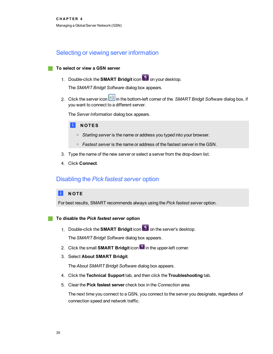 Selecting or viewing server information, Disabling the pick fastest server option | Smart Technologies Smart Bridgit 4.5 User Manual | Page 39 / 82