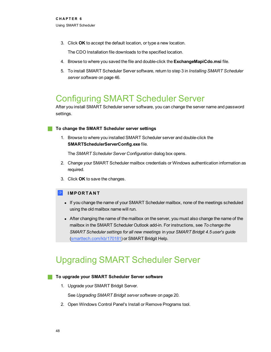 Configuring smart scheduler server, Upgrading smart scheduler server | Smart Technologies Smart Bridgit 4.5 User Manual | Page 52 / 82