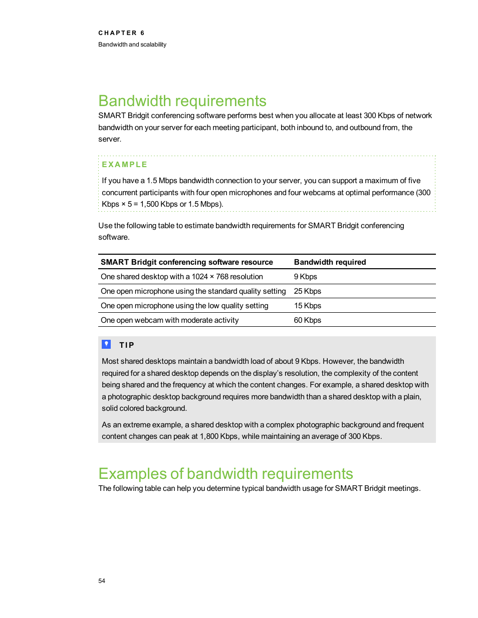 Bandwidth requirements, Examples of bandwidth requirements | Smart Technologies Smart Bridgit 4.5 User Manual | Page 58 / 82
