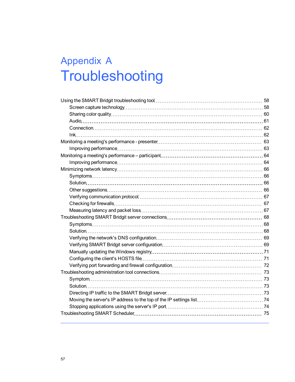 Appendix a: troubleshooting, Appendix a | Smart Technologies Smart Bridgit 4.5 User Manual | Page 61 / 82