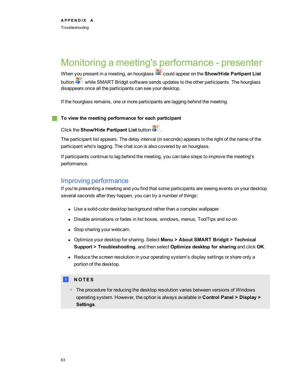 Monitoring a meeting's performance - presenter, Improving performance | Smart Technologies Smart Bridgit 4.5 User Manual | Page 67 / 82