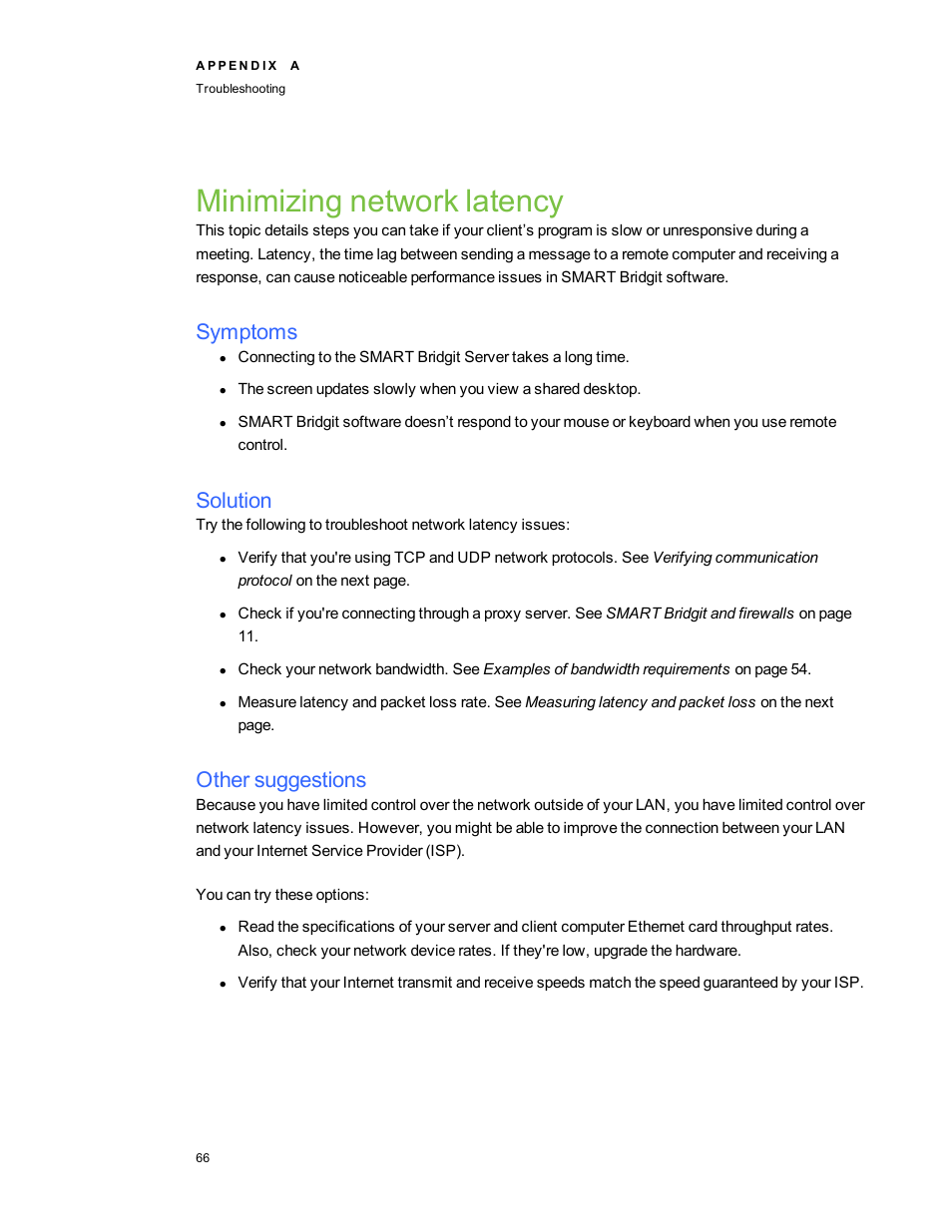 Minimizing network latency, Symptoms, Solution | Other suggestions | Smart Technologies Smart Bridgit 4.5 User Manual | Page 70 / 82