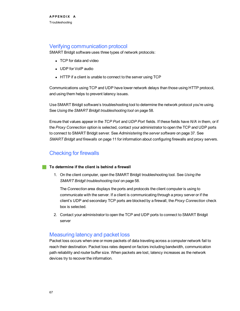 Verifying communication protocol, Checking for firewalls, Measuring latency and packet loss | Verifying communication, Measuring latency and packet loss on the next | Smart Technologies Smart Bridgit 4.5 User Manual | Page 71 / 82