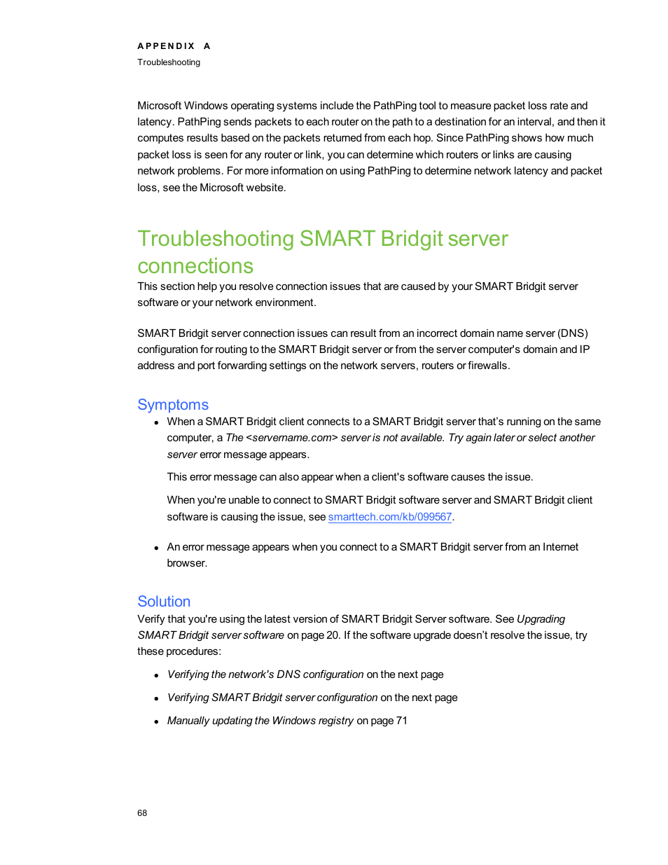 Troubleshooting smart bridgit server connections, Symptoms, Solution | Smart Technologies Smart Bridgit 4.5 User Manual | Page 72 / 82