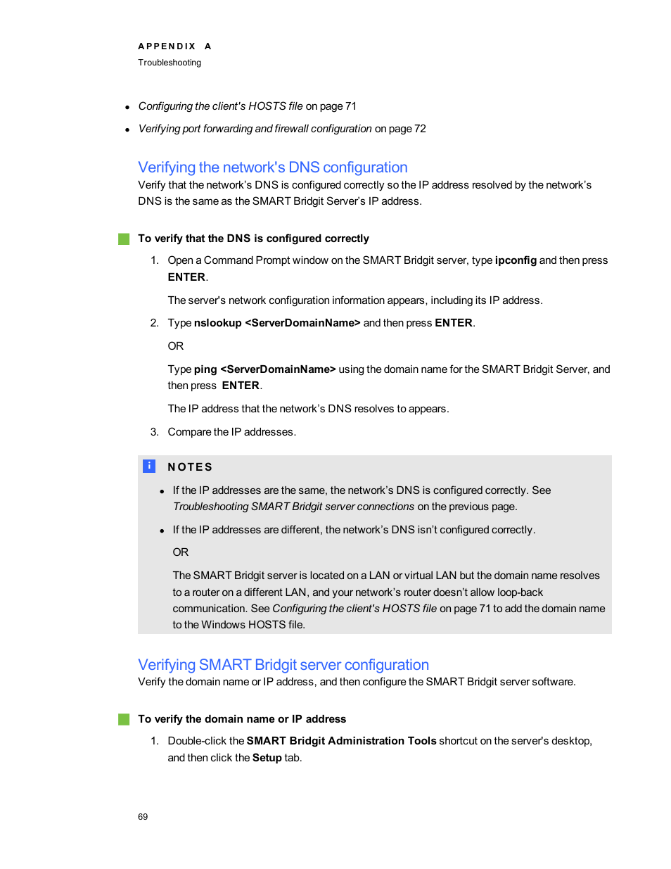 Verifying the network's dns configuration, Verifying smart bridgit server configuration | Smart Technologies Smart Bridgit 4.5 User Manual | Page 73 / 82