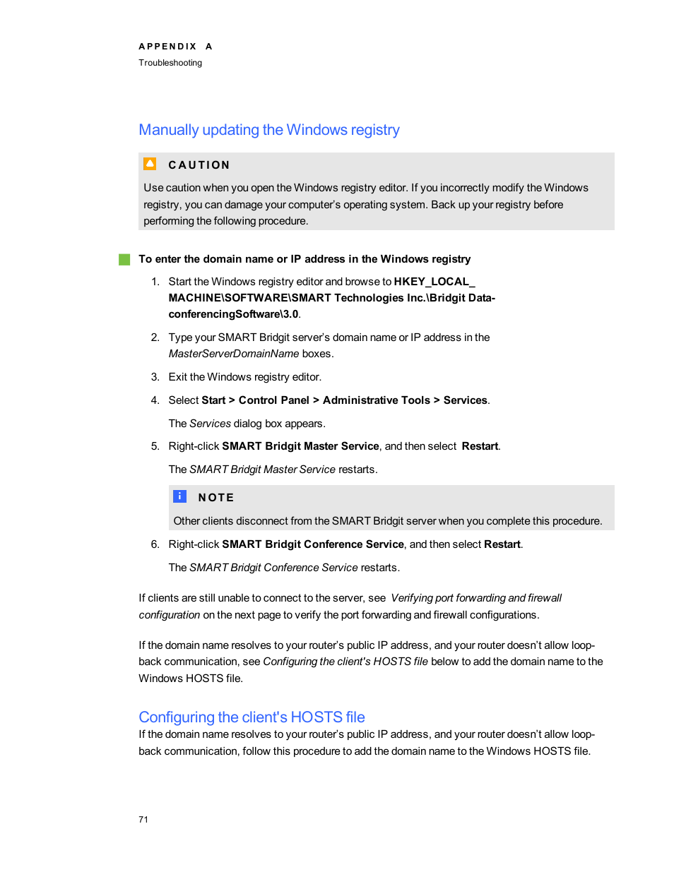 Manually updating the windows registry, Configuring the client's hosts file, Manually | Smart Technologies Smart Bridgit 4.5 User Manual | Page 75 / 82