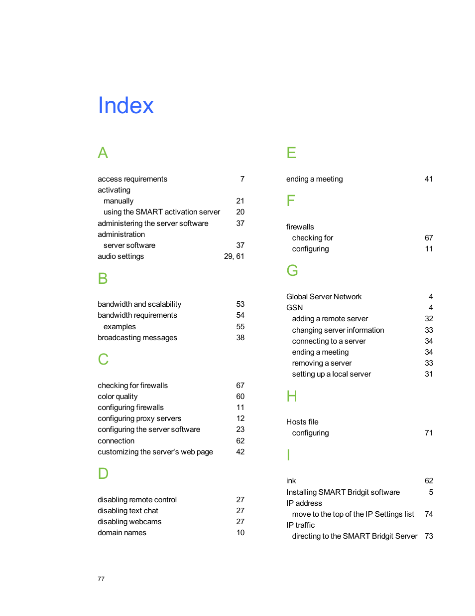 Index | Smart Technologies Smart Bridgit 4.5 User Manual | Page 81 / 82