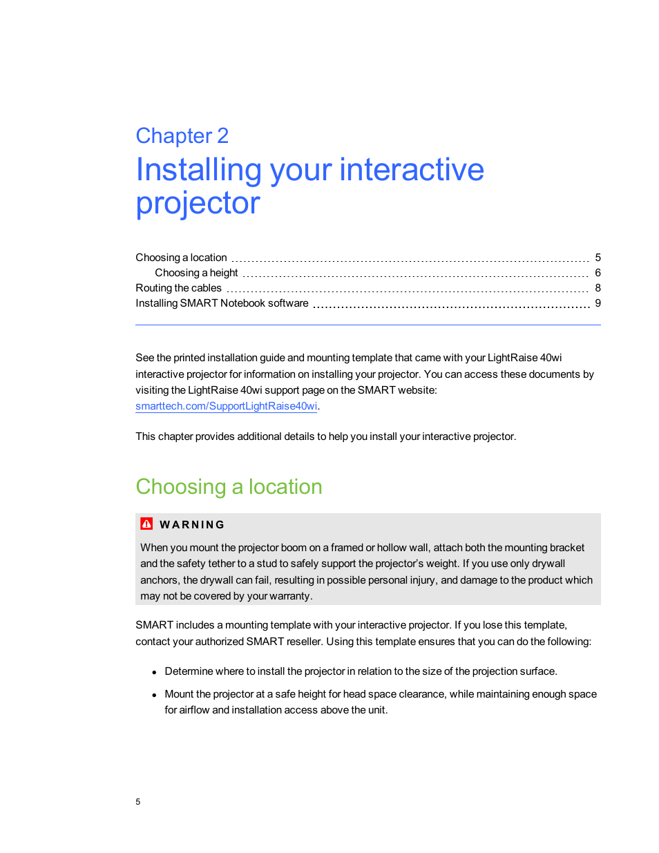 Chapter 2: installing your interactive projector, Choosing a location, Chapter 2 | Smart Technologies LightRaise 40wi User Manual | Page 11 / 86