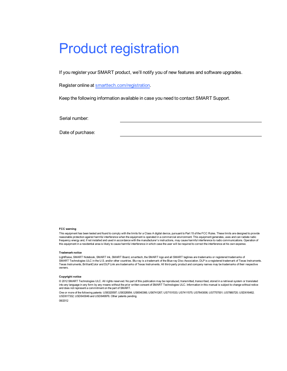 Product registration | Smart Technologies LightRaise 40wi User Manual | Page 2 / 86