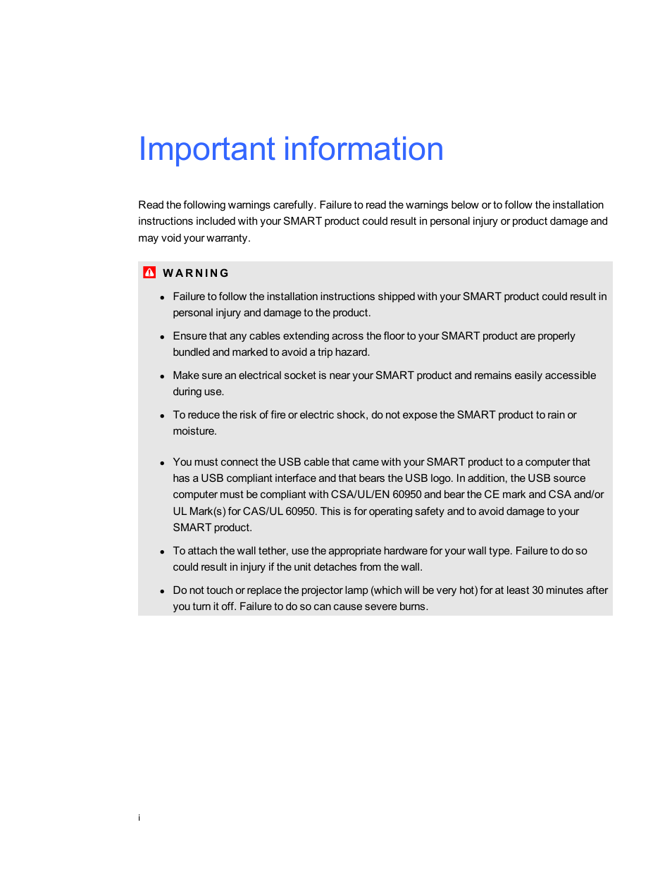 Important information | Smart Technologies LightRaise 40wi User Manual | Page 3 / 86