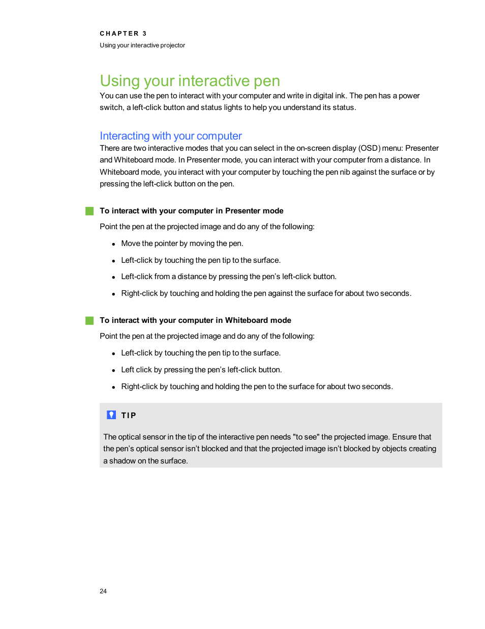 Using your interactive pen, Interacting with your computer | Smart Technologies LightRaise 40wi User Manual | Page 30 / 86