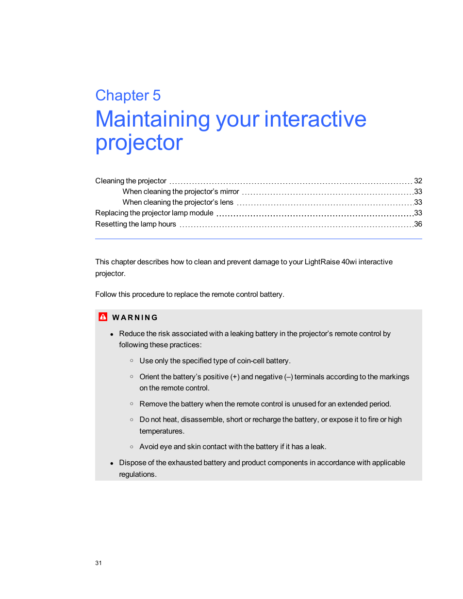 Chapter 5: maintaining your interactive projector, Chapter 5 | Smart Technologies LightRaise 40wi User Manual | Page 37 / 86