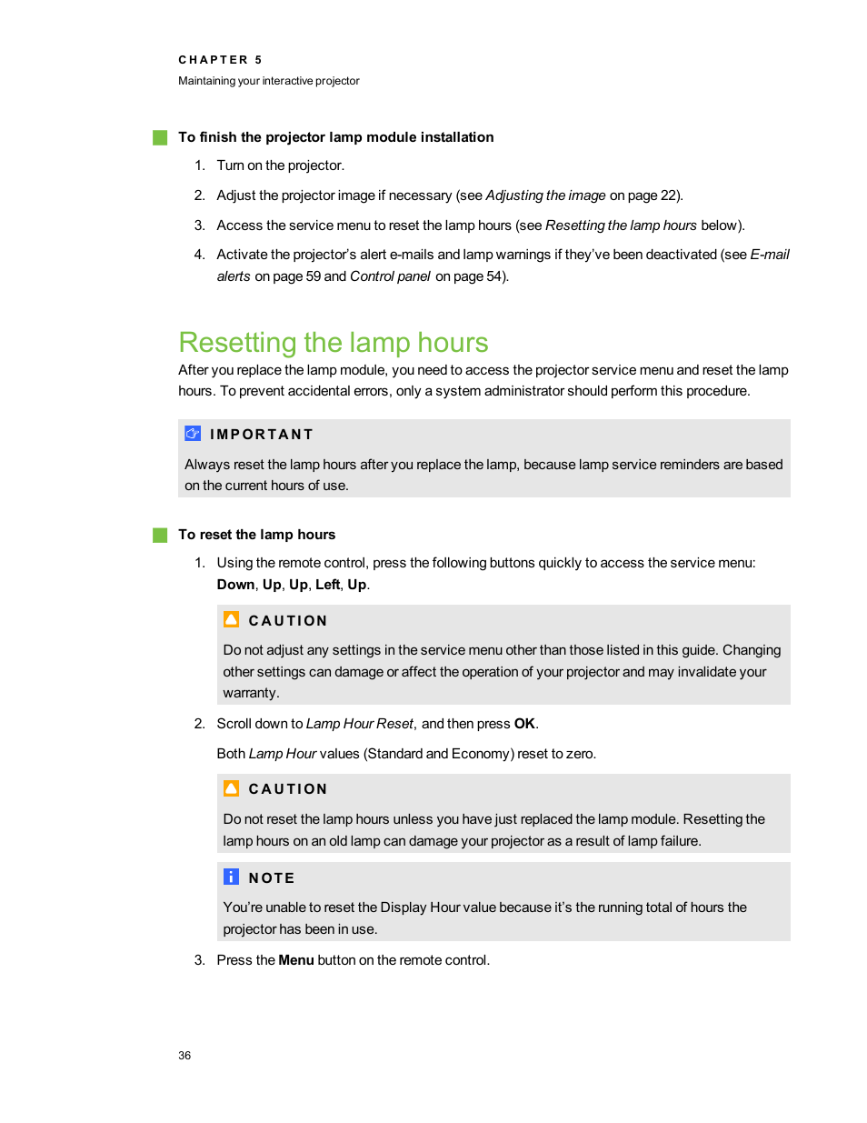 Resetting the lamp hours | Smart Technologies LightRaise 40wi User Manual | Page 42 / 86