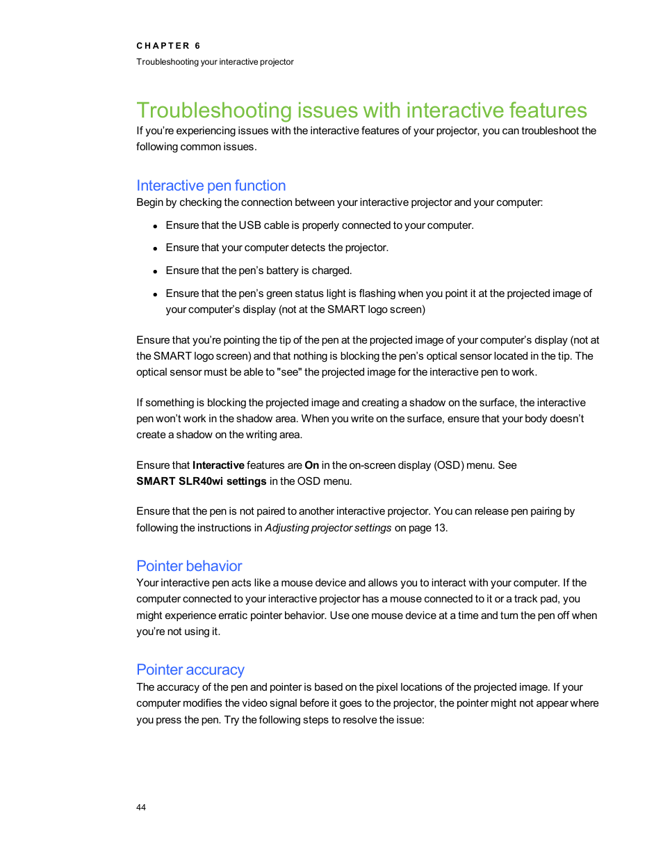 Troubleshooting issues with interactive features, Interactive pen function, Pointer behavior | Pointer accuracy | Smart Technologies LightRaise 40wi User Manual | Page 50 / 86