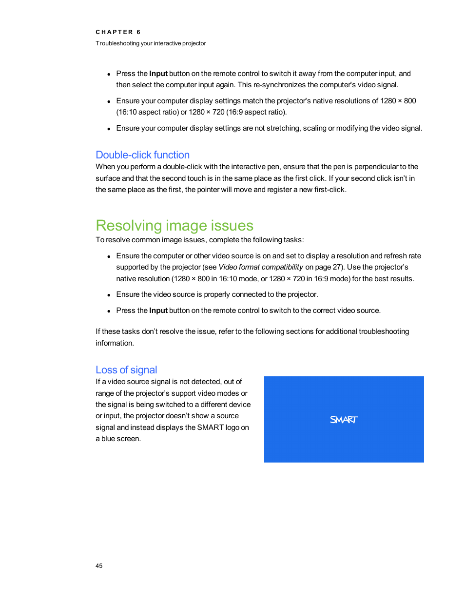 Double-click function, Resolving image issues, Loss of signal | Smart Technologies LightRaise 40wi User Manual | Page 51 / 86