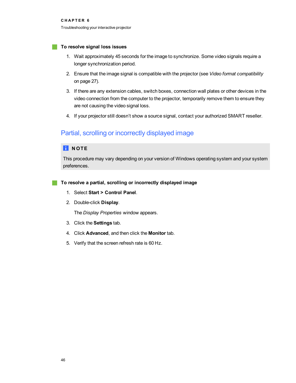 Partial, scrolling or incorrectly displayed image | Smart Technologies LightRaise 40wi User Manual | Page 52 / 86