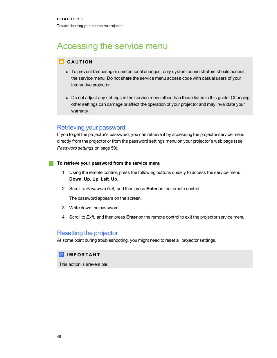 Accessing the service menu, Retrieving your password, Resetting the projector | Smart Technologies LightRaise 40wi User Manual | Page 54 / 86
