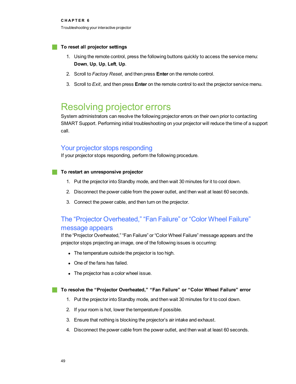 Resolving projector errors, Your projector stops responding | Smart Technologies LightRaise 40wi User Manual | Page 55 / 86