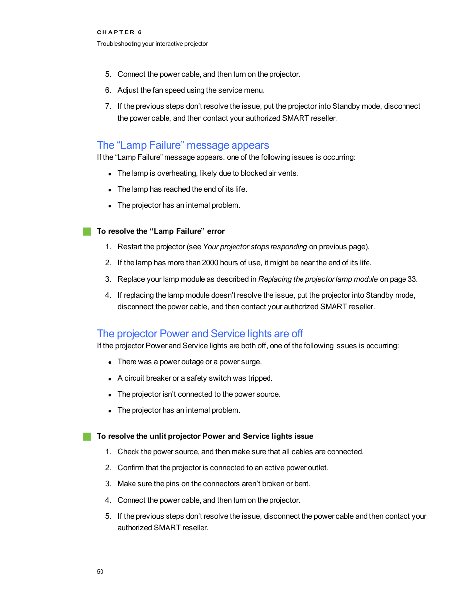 The “lamp failure” message appears, The projector power and service lights are off | Smart Technologies LightRaise 40wi User Manual | Page 56 / 86